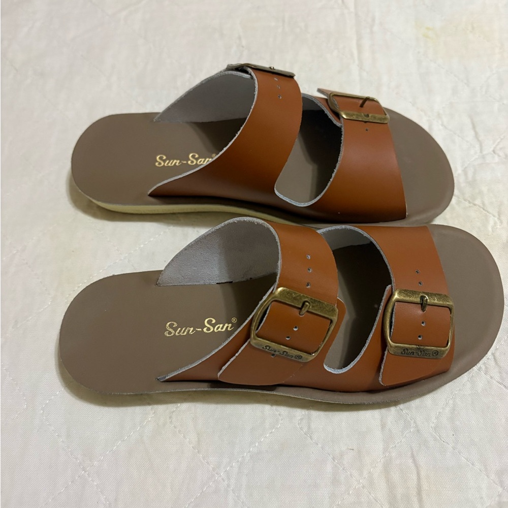 Women's Tan Double-Buckle Slide Sandals - Picture 3 of 5